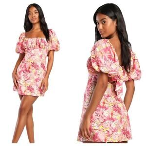 Lulus Dress Time for a Vacay Pink Tropical Tie Back Puff Sleeve Mini Floral L